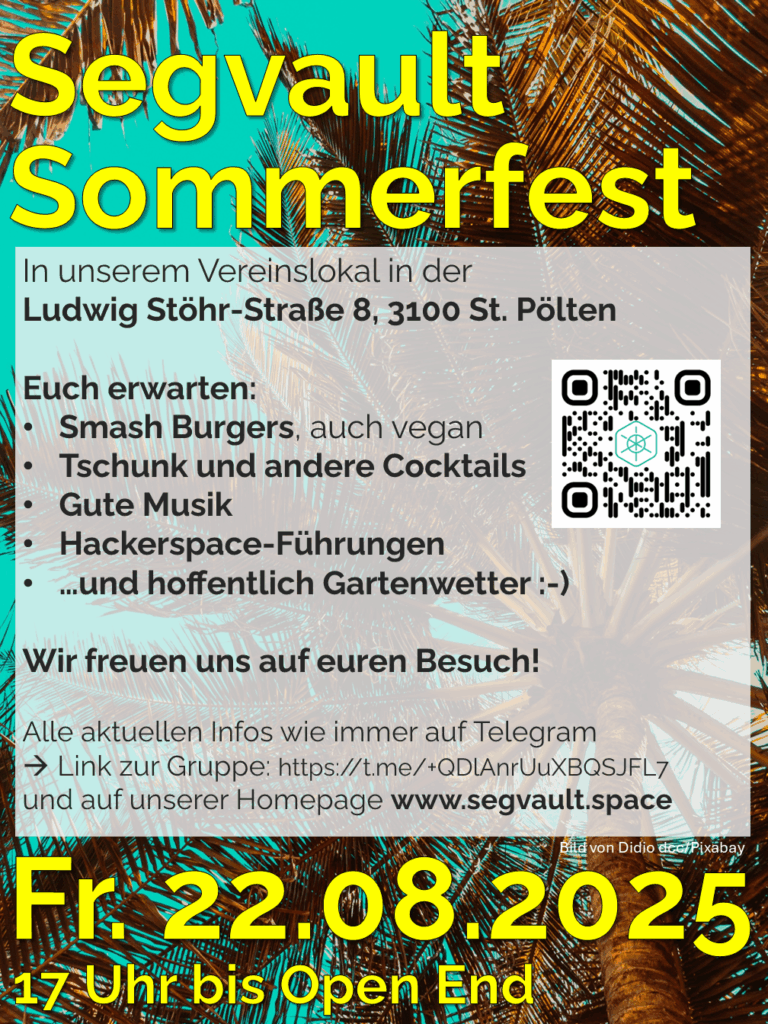 Segvault Sommerfest Plakat - 22 August ab 17 Uhr. Es gibt Burger und Cocktails.